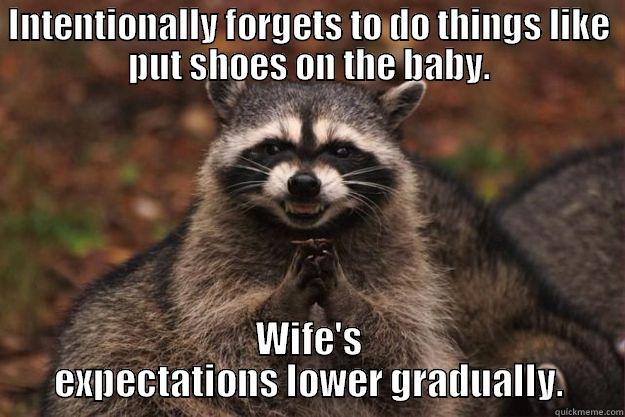 INTENTIONALLY FORGETS TO DO THINGS LIKE PUT SHOES ON THE BABY. WIFE'S EXPECTATIONS LOWER GRADUALLY. Evil Plotting Raccoon