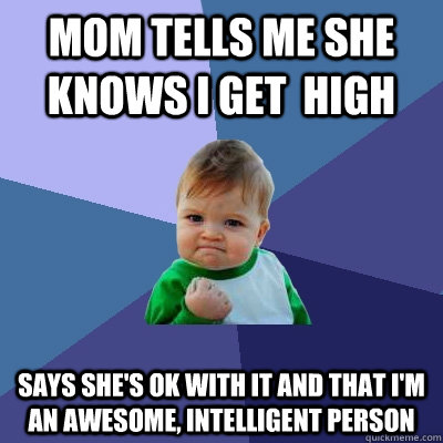 Mom tells me she knows i get  high says she's ok with it and that i'm an awesome, intelligent person - Mom tells me she knows i get  high says she's ok with it and that i'm an awesome, intelligent person  Success Kid