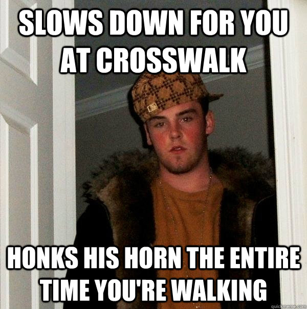 Slows down for you at crosswalk Honks his horn the entire time you're walking  Scumbag Steve