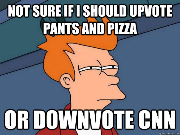 not sure if I should upvote pants and pizza Or downvote cnn  Futurama Fry