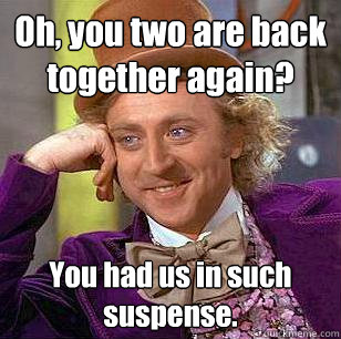 Oh, you two are back together again? You had us in such suspense.  Condescending Wonka