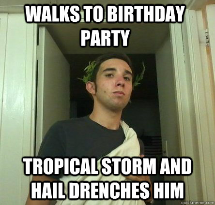 Walks to birthday party Tropical storm and hail drenches him  