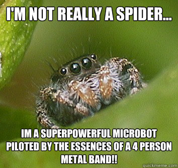 I'm not really a spider... Im a superpowerful microbot piloted by the essences of a 4 person metal band!!  Misunderstood Spider