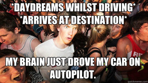 *daydreams whilst driving* *arrives at destination*
 My brain just drove my car on autopilot.  