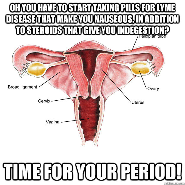 Oh you have to start taking pills for lyme disease that make you nauseous, in addition to steroids that give you indegestion? Time for your period!  Scumbag Uterus