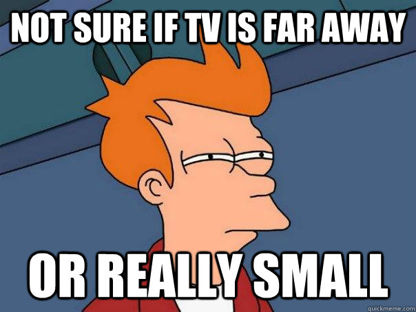 Not sure if TV is far away Or really small  Futurama Fry