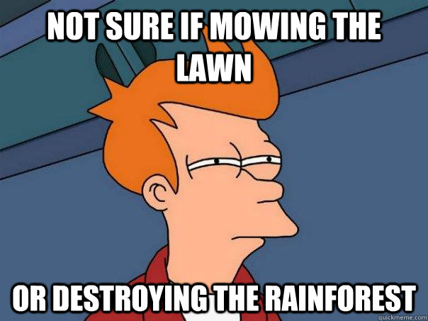 Not sure if mowing the lawn Or destroying the rainforest  Futurama Fry