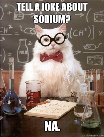 Tell a joke about sodium? Na.  Chemistry Cat