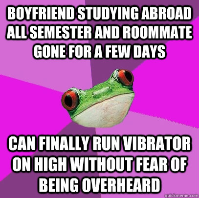 Boyfriend Studying abroad all semester and roommate gone for a few days Can finally run vibrator on high without fear of being overheard  Foul Bachelorette Frog