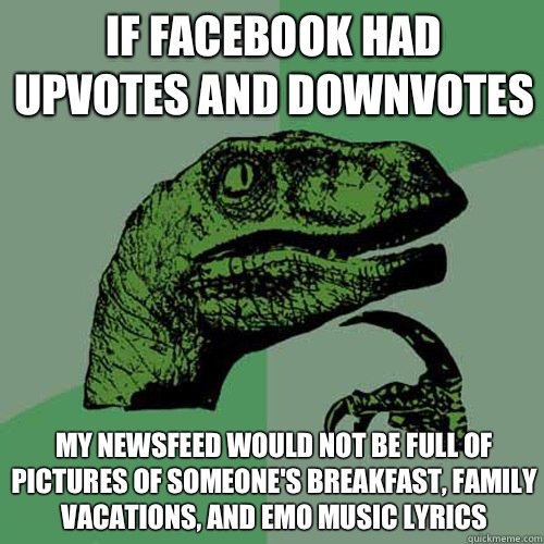 If Facebook had upvotes and downvotes My newsfeed would not be full of pictures of someone's breakfast, family vacations, and emo music lyrics  Philosoraptor