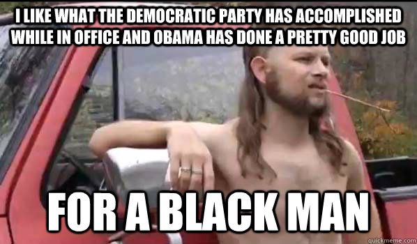 i like what the democratic party has accomplished while in office and obama has done a pretty good job for a black man  Almost Politically Correct Redneck