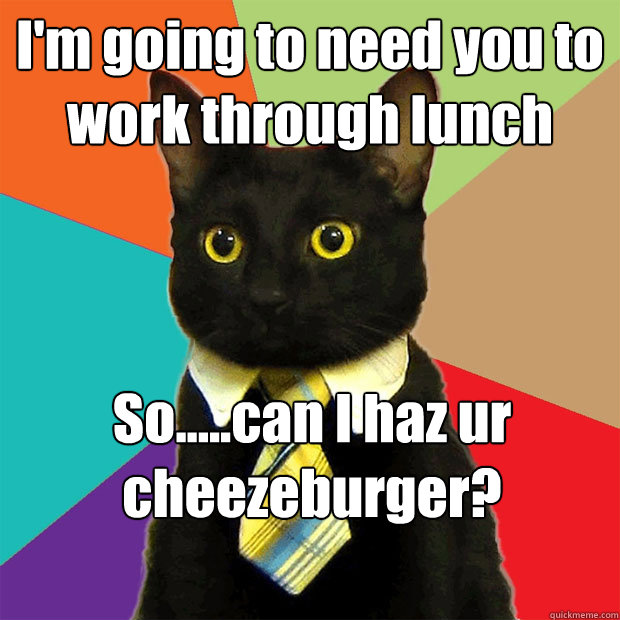 I'm going to need you to work through lunch So.....can I haz ur cheezeburger?  Business Cat