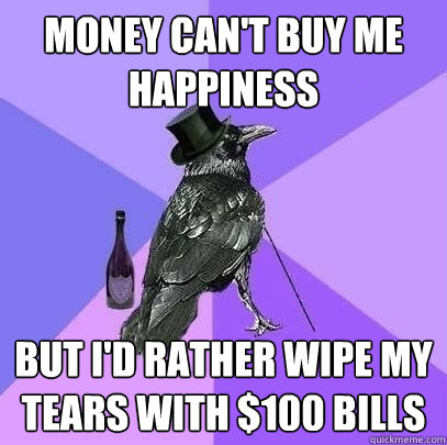 Money can't buy me happiness  But I'd rather wipe my tears with $100 bills  Rich Raven