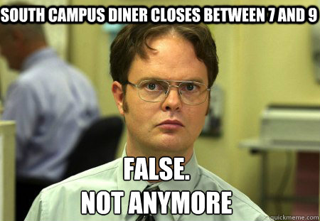 South Campus Diner Closes between 7 and 9 False.
Not anymore  Schrute