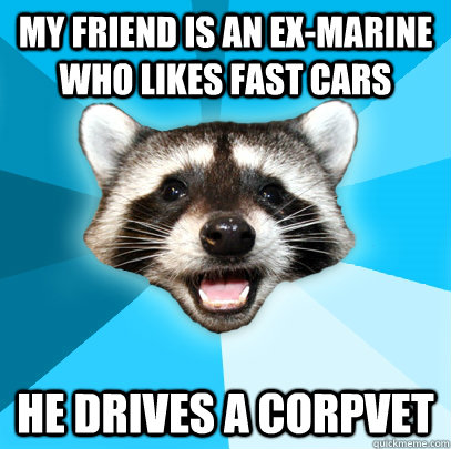 MY FRIEND IS AN EX-MARINE WHO LIKES FAST CARS HE DRIVES A CORPVET - MY FRIEND IS AN EX-MARINE WHO LIKES FAST CARS HE DRIVES A CORPVET  Lame Pun Coon