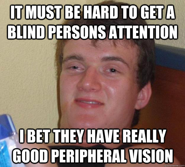 It must be hard to get a blind persons attention I bet they have really good peripheral vision  10 Guy