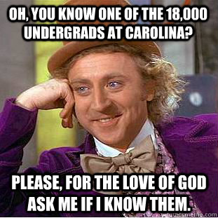 Oh, You know one of the 18,000 undergrads at Carolina? Please, for the love of god ask me if I know them. - Oh, You know one of the 18,000 undergrads at Carolina? Please, for the love of god ask me if I know them.  Creepy Wonka