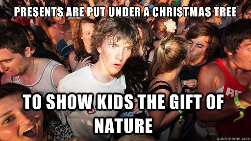 Presents are put under a christmas tree To show kids the gift of nature  Sudden Clarity Clarence