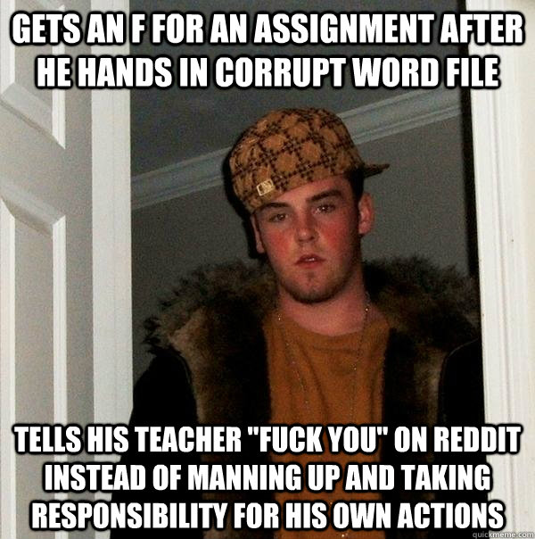 Gets an F for an assignment after he hands in corrupt word file Tells his teacher 