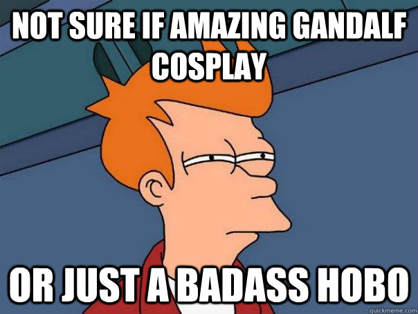 Not sure if amazing Gandalf cosplay Or just a badass hobo  Futurama Fry