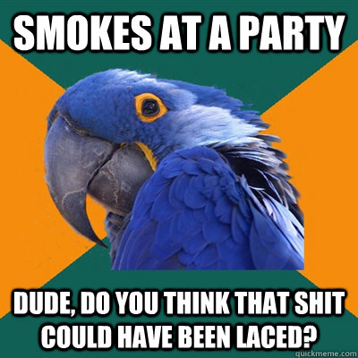 smokes at a party dude, do you think that shit could have been laced?  Paranoid Parrot