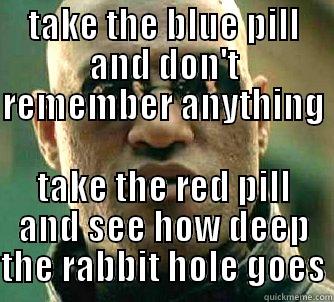 TAKE THE BLUE PILL AND DON'T REMEMBER ANYTHING  TAKE THE RED PILL AND SEE HOW DEEP THE RABBIT HOLE GOES Matrix Morpheus