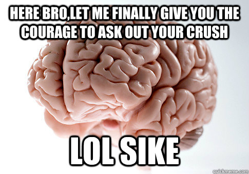 Here Bro,let me FINALLY give you the courage to ask out your crush lol sike  Scumbag Brain