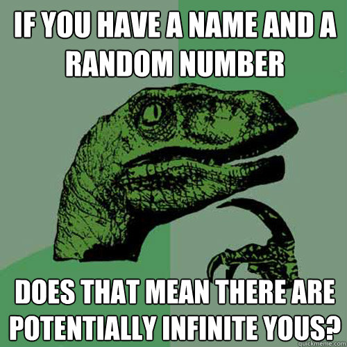 If you have a name and a random number Does that mean there are potentially infinite yous? - If you have a name and a random number Does that mean there are potentially infinite yous?  Philosoraptor