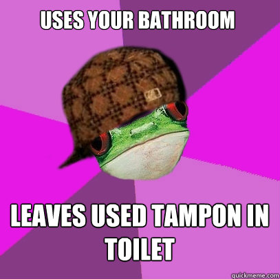 USES YOUR BATHROOM LEAVES USED TAMPON IN TOILET  