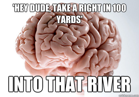 'Hey dude, take a right in 100 yards' Into that river  Scumbag Brain