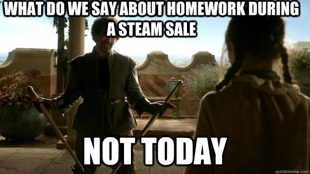 What do we say about homework during a steam sale not today  