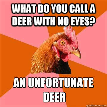 what do you call a deer with no eyes? an unfortunate
 deer - what do you call a deer with no eyes? an unfortunate
 deer  Anti-Joke Chicken