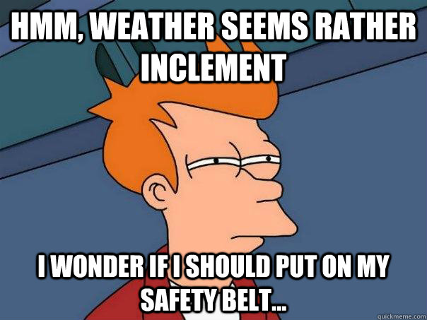 Hmm, weather seems rather inclement I wonder if I should put on my Safety belt...  Futurama Fry