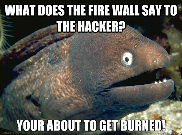 What does the fire wall say to the hacker? Your about to get burned!  Bad Joke Eel