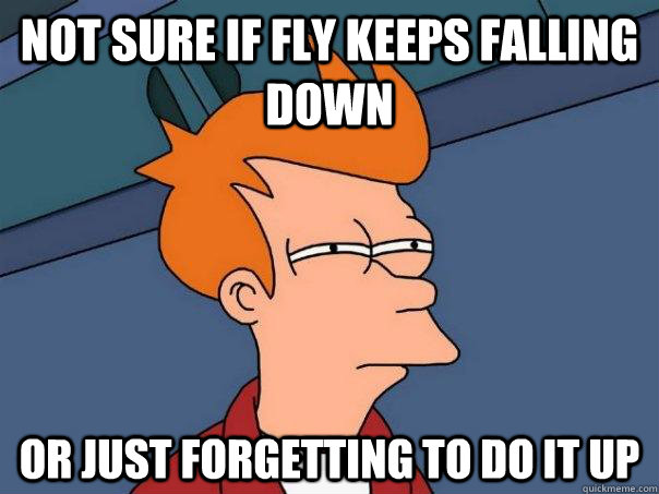 Not sure if fly keeps falling down  Or just forgetting to do it up  Futurama Fry