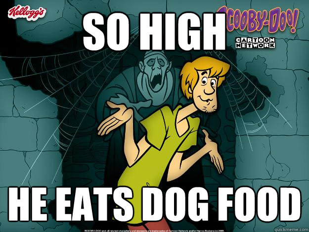 so high he eats dog food  Irrational Shaggy