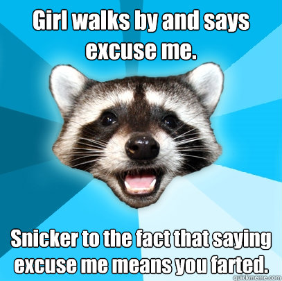 Girl walks by and says excuse me.
 Snicker to the fact that saying excuse me means you farted. - Girl walks by and says excuse me.
 Snicker to the fact that saying excuse me means you farted.  Lame Pun Coon