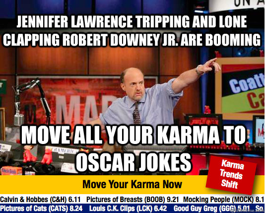 jennifer lawrence tripping and lone clapping robert downey jr. are booming move all your karma to oscar jokes  Mad Karma with Jim Cramer