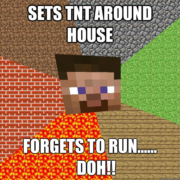 sets tnt around house forgets to run......
    doh!!  Minecraft