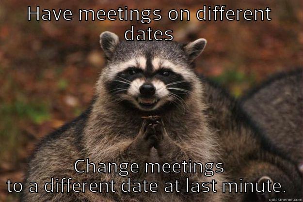 HAVE MEETINGS ON DIFFERENT DATES CHANGE MEETINGS TO A DIFFERENT DATE AT LAST MINUTE.  Evil Plotting Raccoon