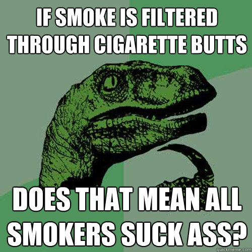 If smoke is filtered through cigarette butts does that mean all smokers suck ass? - If smoke is filtered through cigarette butts does that mean all smokers suck ass?  Philosoraptor