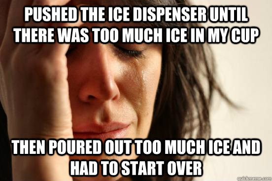 pushed the ice dispenser until there was too much ice in my cup then poured out too much ice and had to start over - pushed the ice dispenser until there was too much ice in my cup then poured out too much ice and had to start over  First World Problems