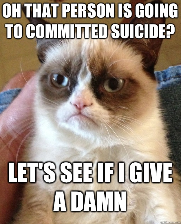 Oh that person is going to committed suicide? Let's see if I give a damn  Grumpy Cat