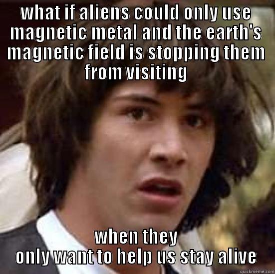 WHAT IF ALIENS COULD ONLY USE MAGNETIC METAL AND THE EARTH'S MAGNETIC FIELD IS STOPPING THEM FROM VISITING WHEN THEY ONLY WANT TO HELP US STAY ALIVE conspiracy keanu