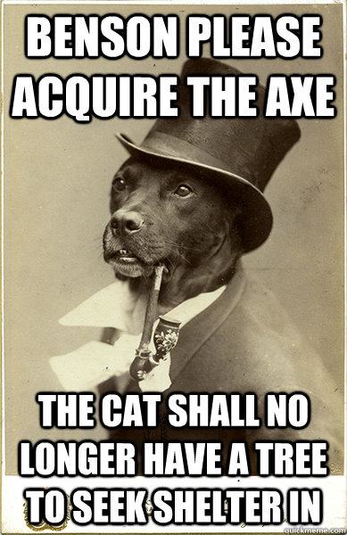 benson please acquire the axe the cat shall no longer have a tree to seek shelter in  Old Money Dog