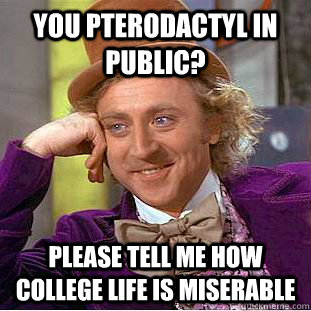 you pterodactyl in public? please tell me how college life is miserable - you pterodactyl in public? please tell me how college life is miserable  Condescending Wonka