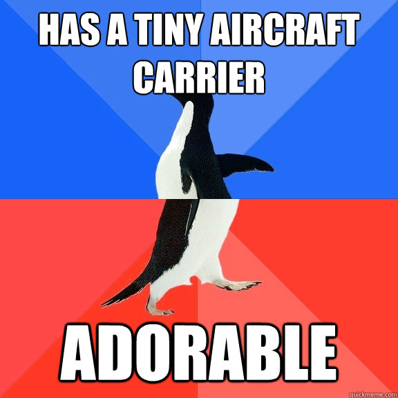 Has a tiny aircraft carrier adorable  Socially Awkward Awesome Penguin