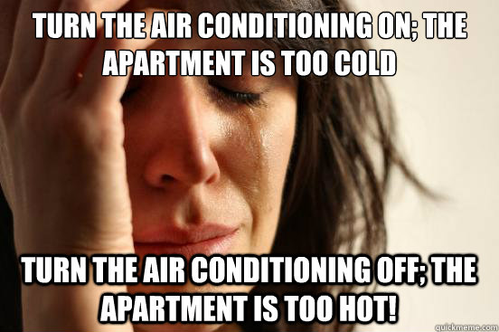 Turn the air conditioning on; the apartment is too cold Turn the air conditioning off; the apartment is too hot!  First World Problems