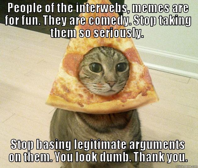 Pizza cat gives advice - PEOPLE OF THE INTERWEBS, MEMES ARE FOR FUN. THEY ARE COMEDY. STOP TAKING THEM SO SERIOUSLY.  STOP BASING LEGITIMATE ARGUMENTS ON THEM. YOU LOOK DUMB. THANK YOU. Misc