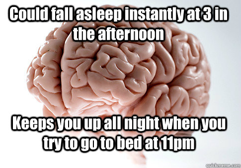 Could fall asleep instantly at 3 in the afternoon  Keeps you up all night when you try to go to bed at 11pm    Scumbag Brain